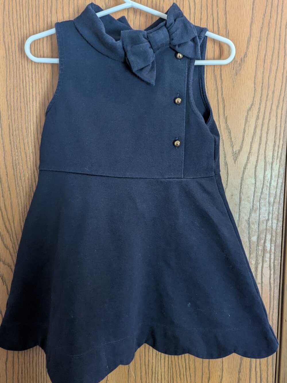 Janie and Jack Sleeveless Bow Ponte Dress Scalloped Hem Navy w/ Gold Accents-2T
